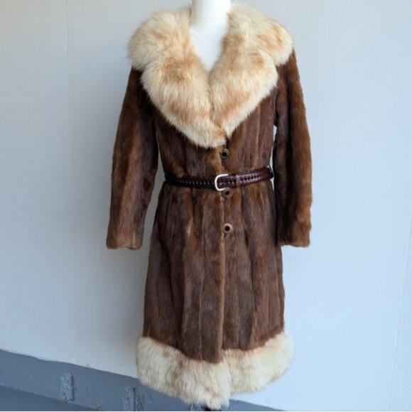 Vintage Mink Fur Coat With Fox Fur Collar And Trim
